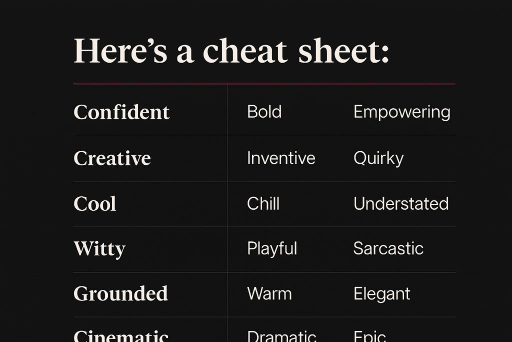 Confident: Bold, Empowering, Assertive Cool: Chill, Understated, Effortless